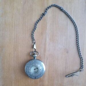 Ornate antique 1882 Switzerland pocket watch with chain and clip not working